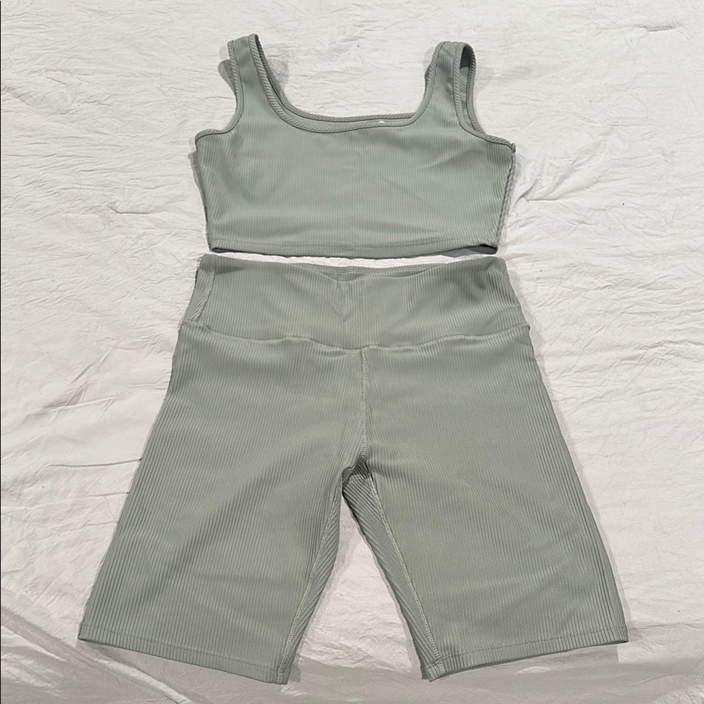 Sage Green Ribbed Tank and Shorts Set
